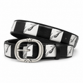 Black and white panel print belt with silver oval buckle