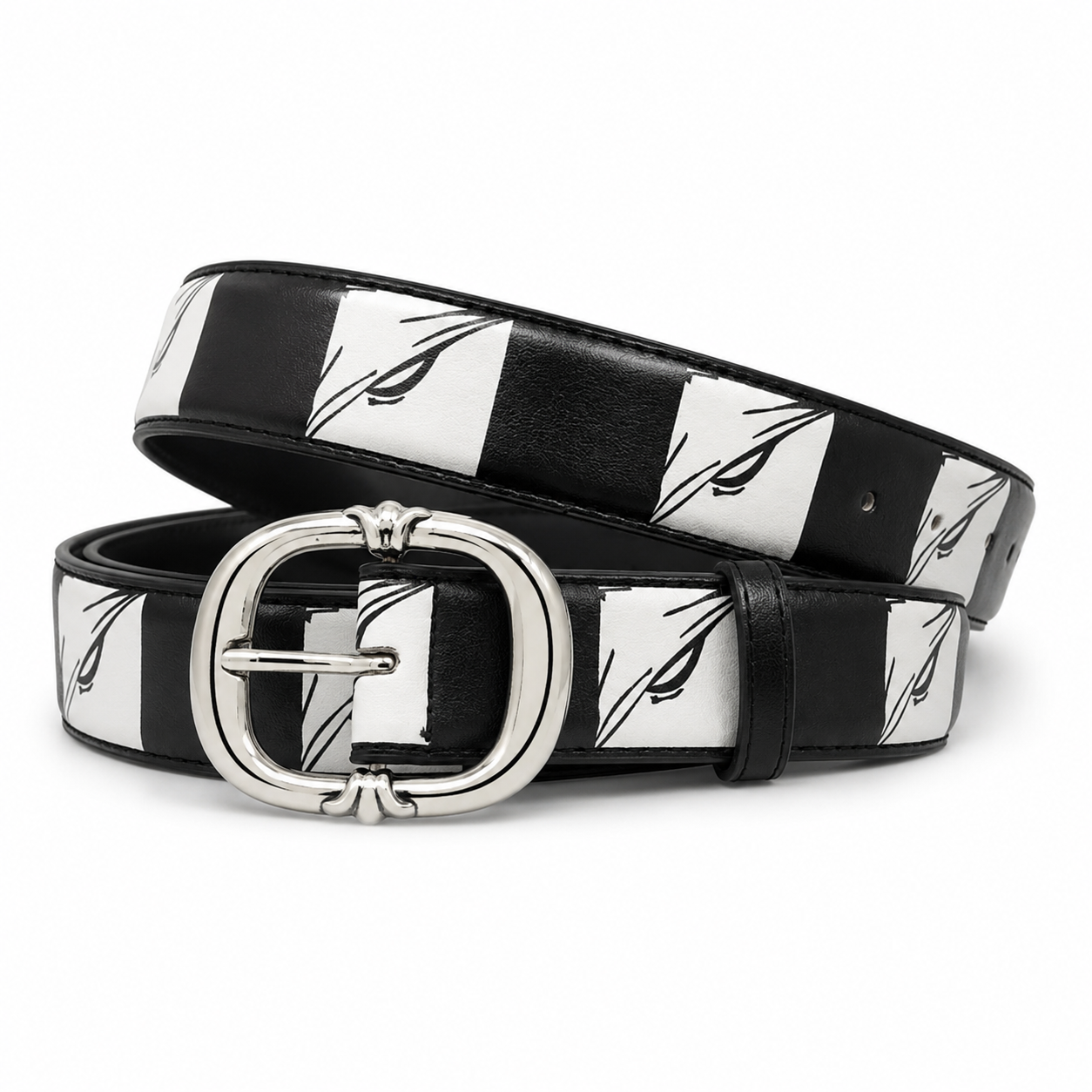 Black and white panel print belt with silver oval buckle