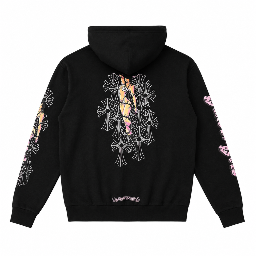 Pink Cross Girl Zip-Up Hoodie Black — back