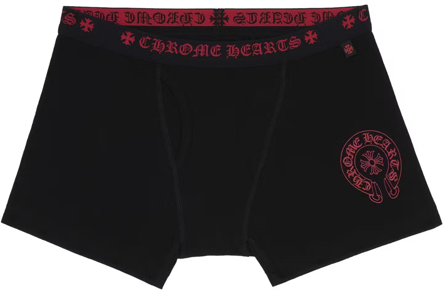 Black boxer brief with red horseshoe emblem