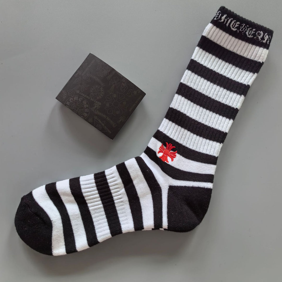 Striped Cross Crew Sock Black White