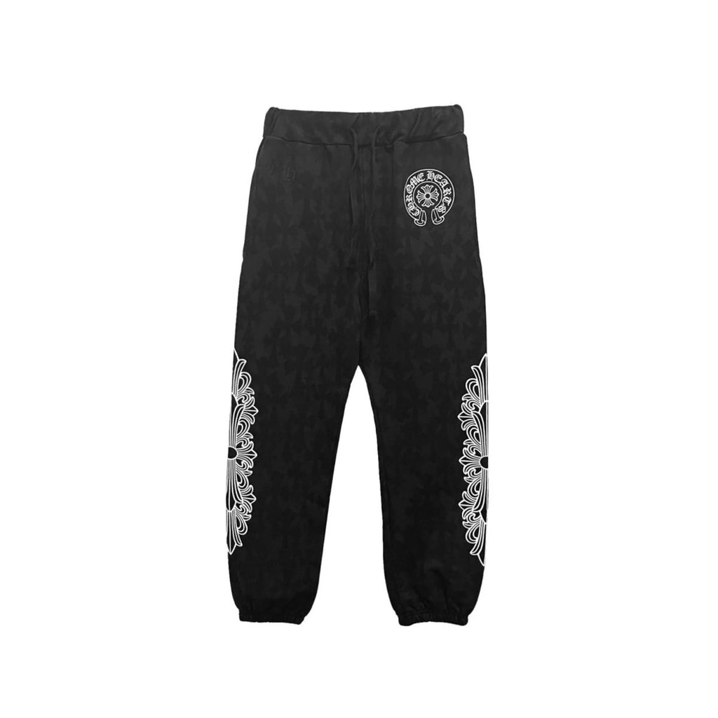 Black Monogram Floral Cross Sweatpants front