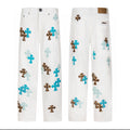Blue Leopard Cross Patch Jeans White front and back