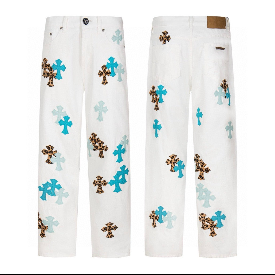 Blue Leopard Cross Patch Jeans White front and back