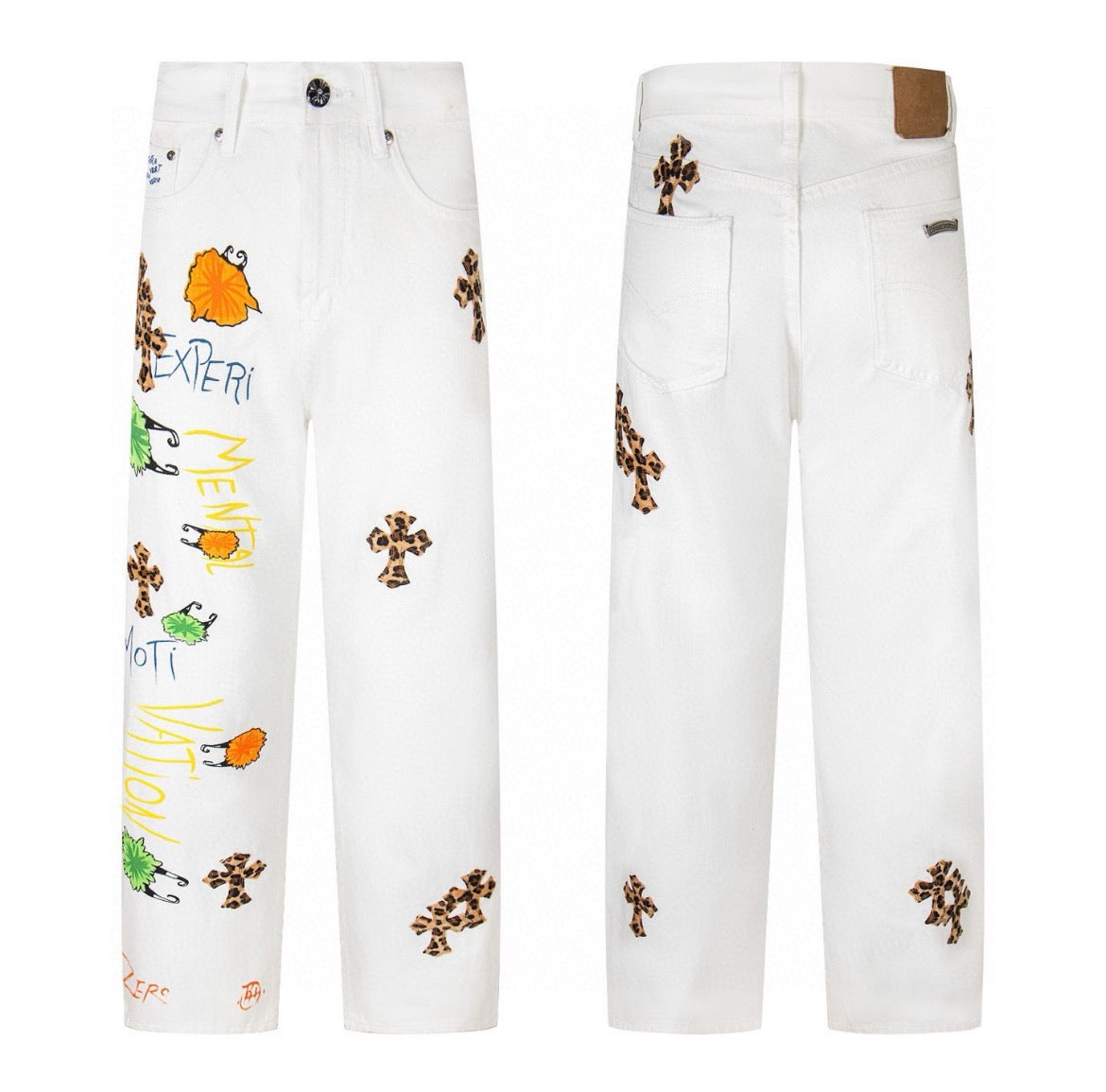 Graffiti Script Leopard Cross Jeans White front and back