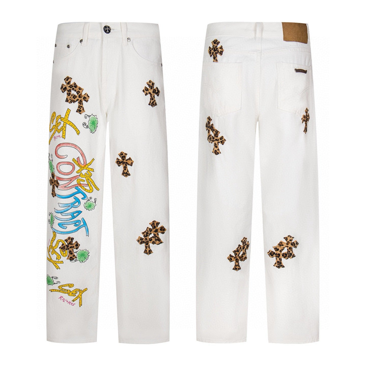 Contract Script Leopard Cross Jeans White front and back