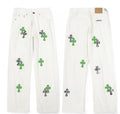 Green Zebra Cross Patch Jeans White front and back