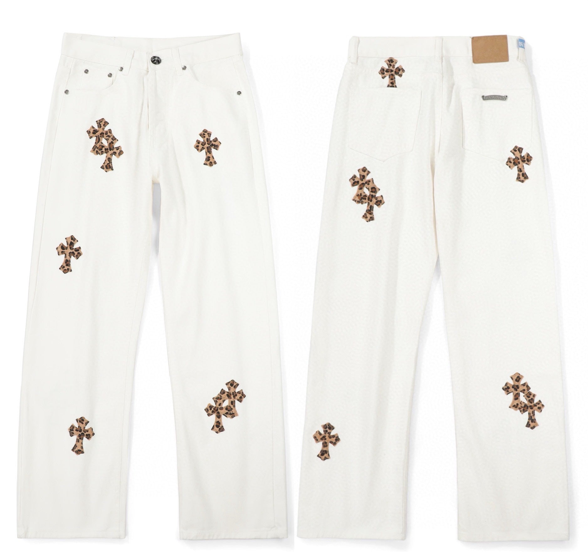 Leopard Cross Patch Jeans White front and back