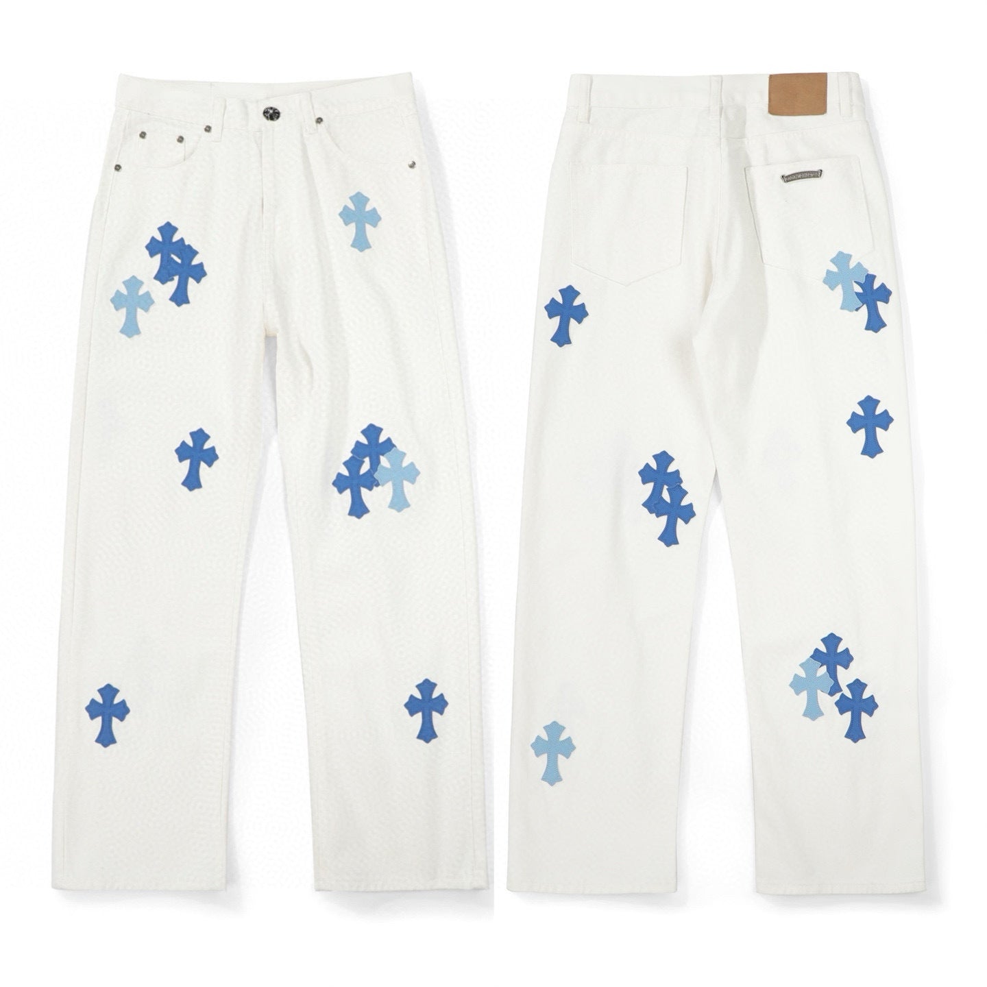 Blue Cross Patch Jeans White front and back