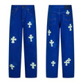 Royal blue denim with mint cross patches, front and back
