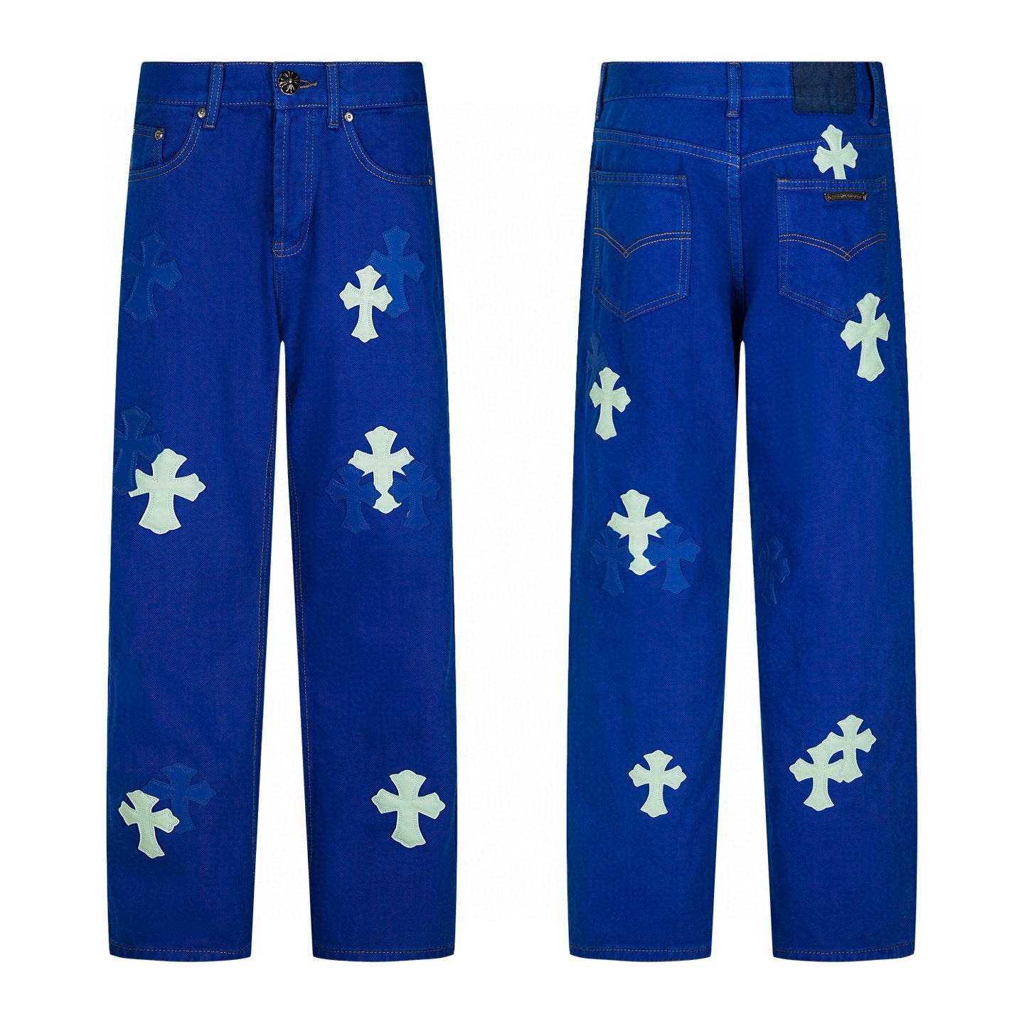 Royal blue denim with mint cross patches, front and back