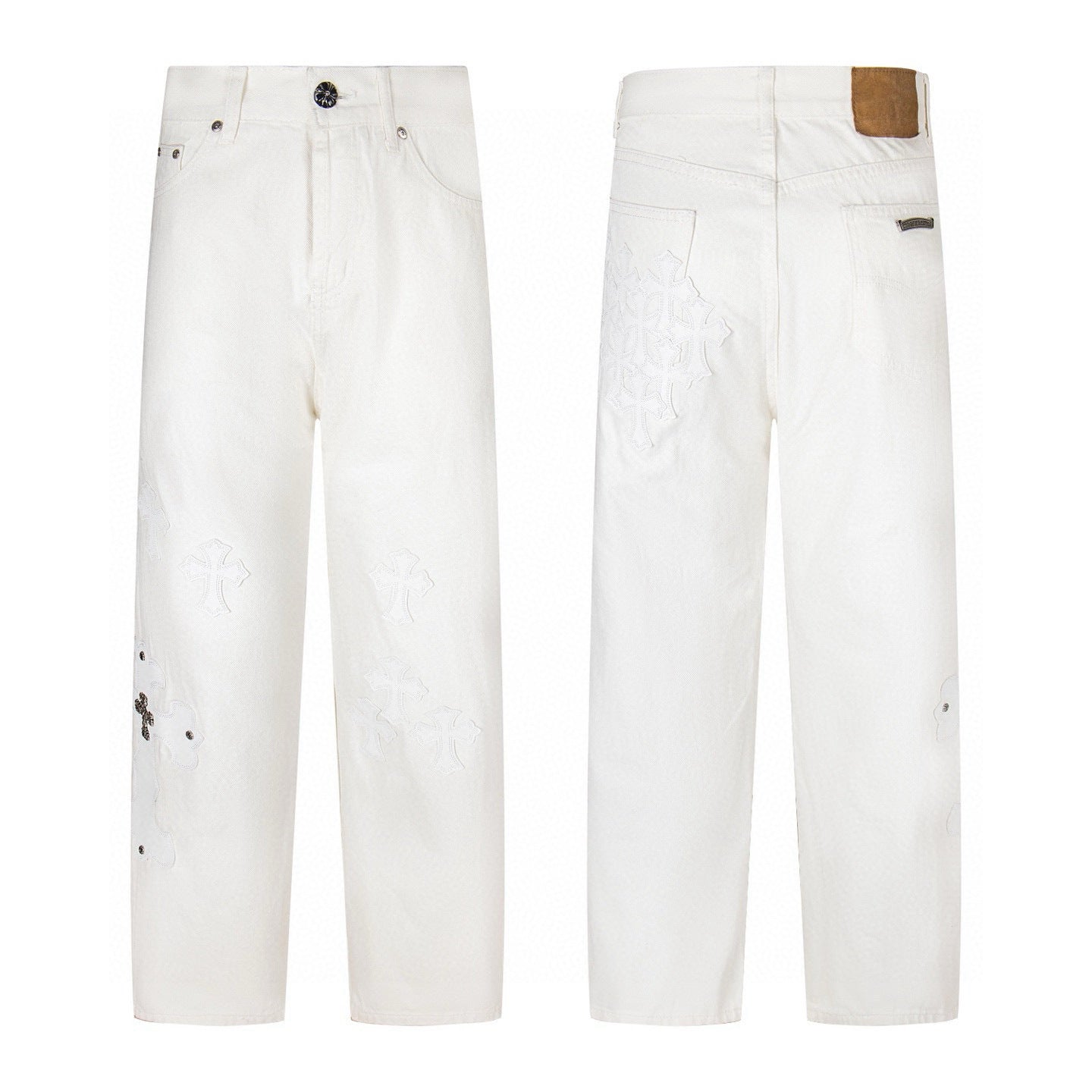 Off white denim with tonal embroidered cross patches