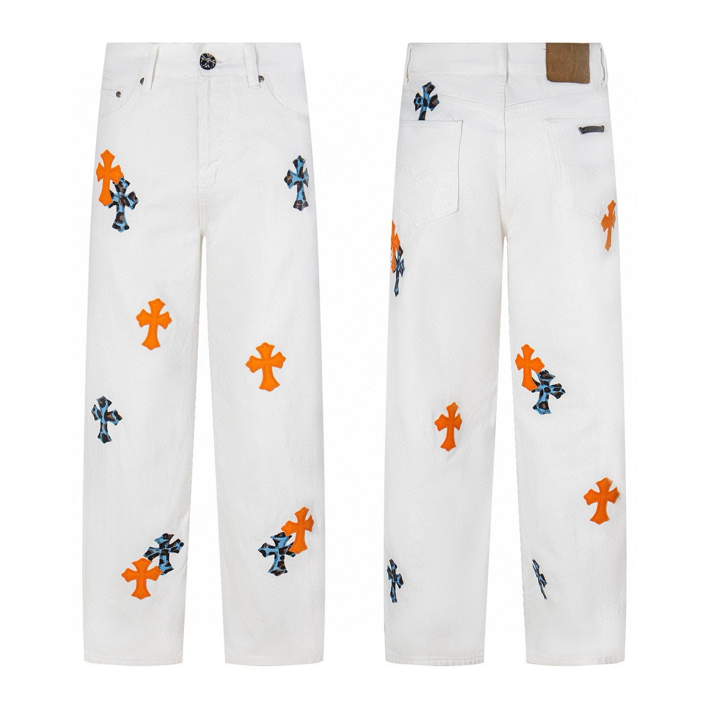 White denim with orange and blue leopard cross patches