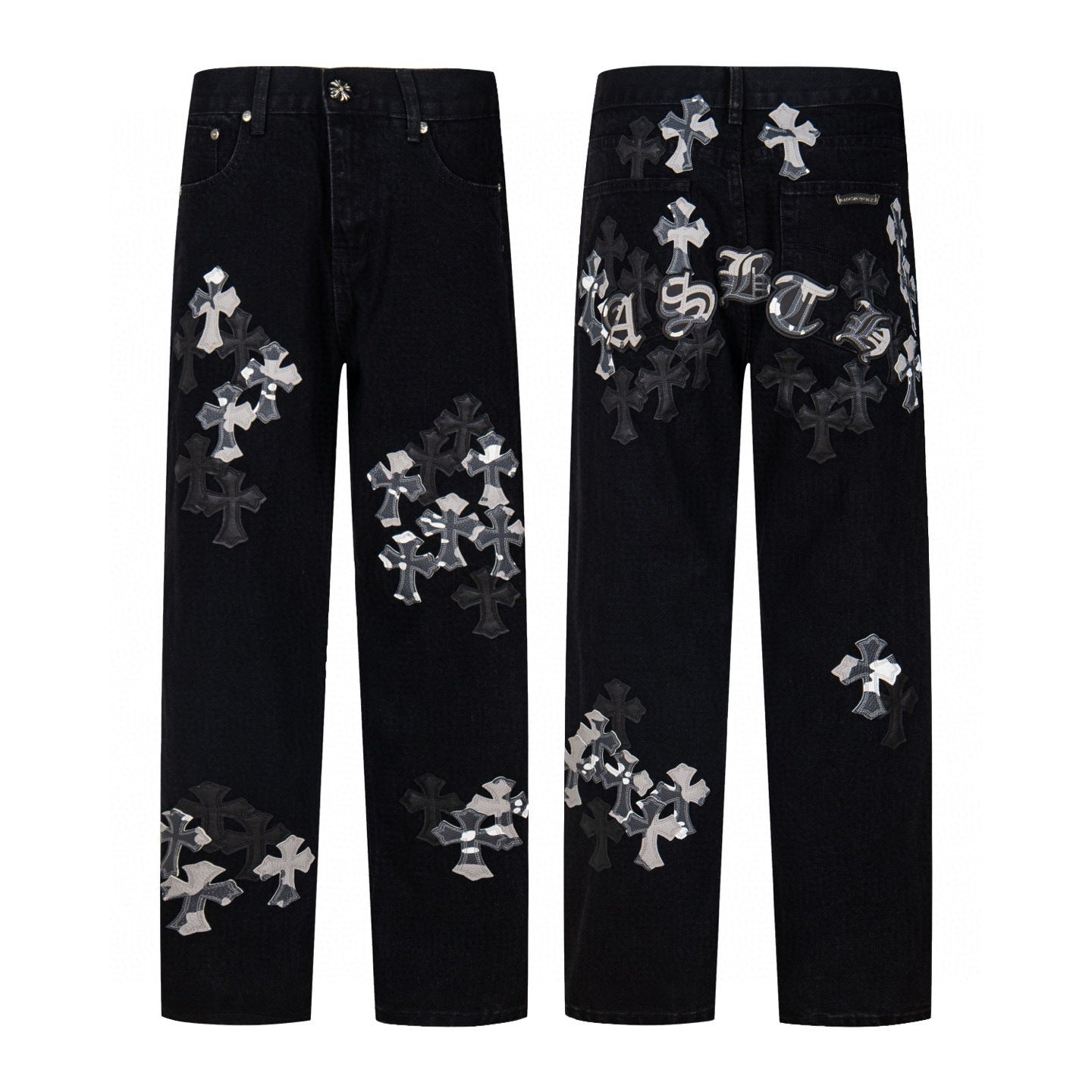 Black denim with silver cross patches and gothic script