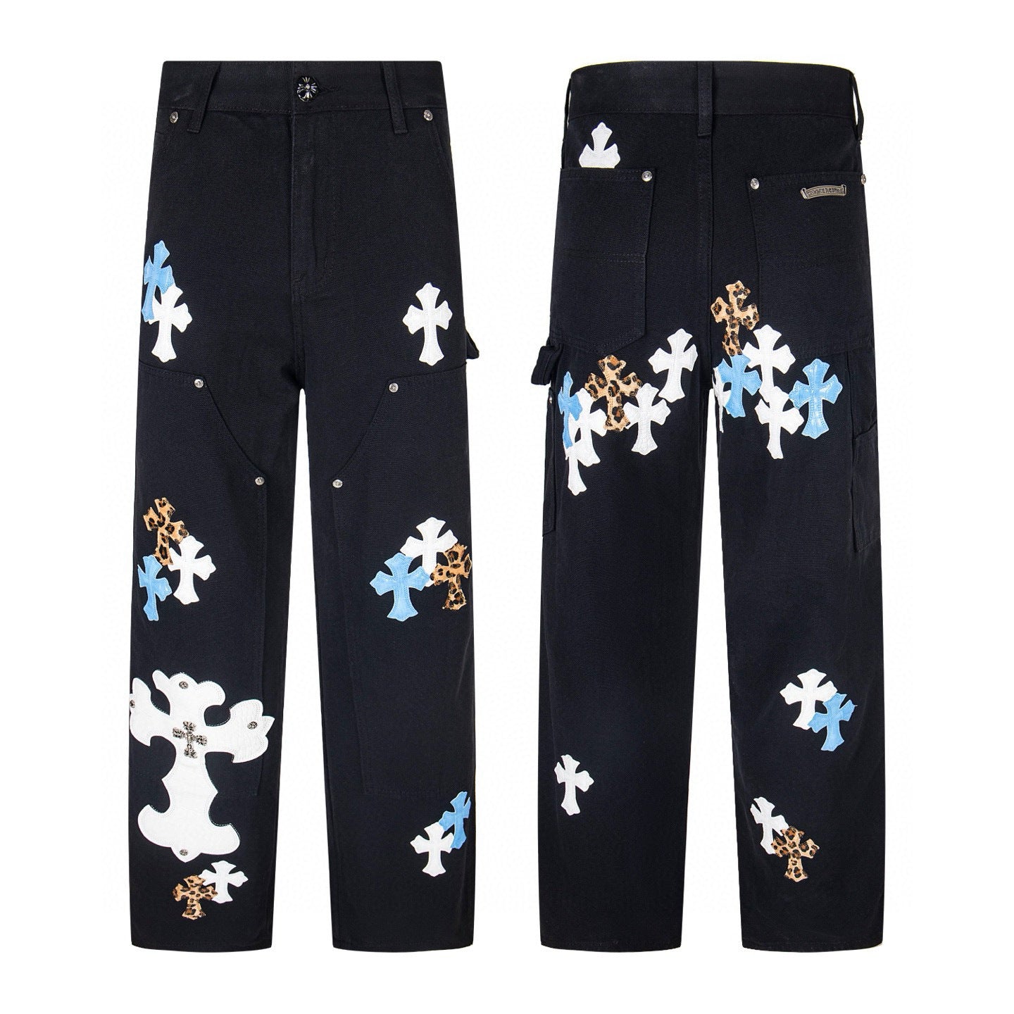 Black carpenter pants with white, blue and leopard cross patches