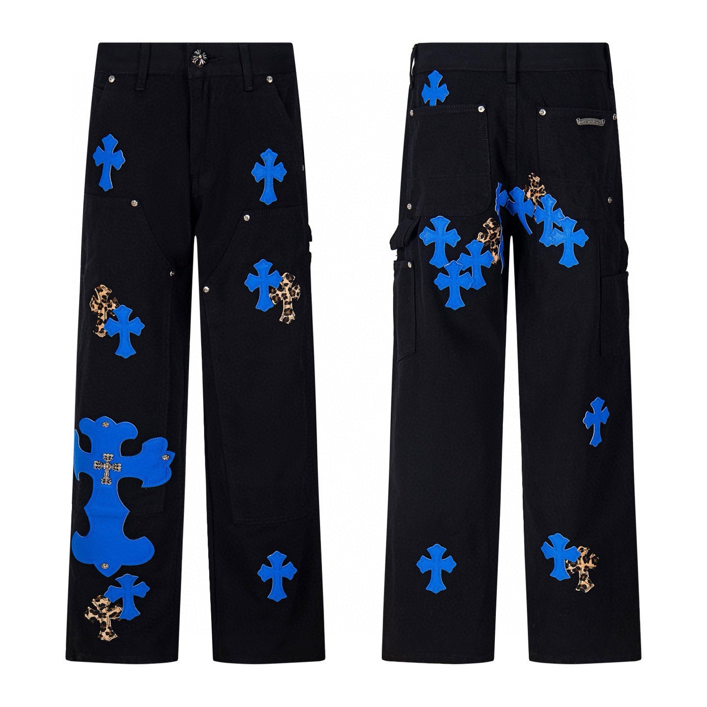 Black carpenter pants with blue cross patches