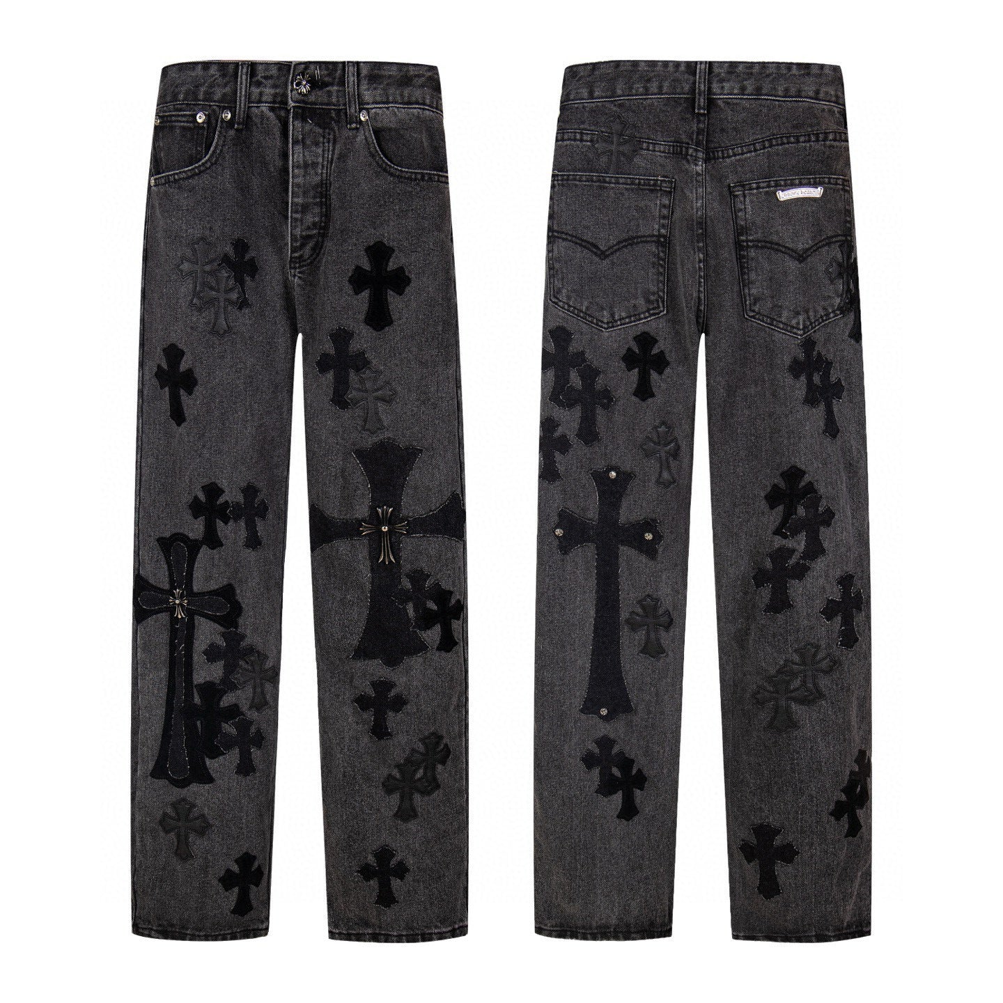 Washed black denim with tonal black cross patches