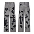 Grey washed denim with black cross patches