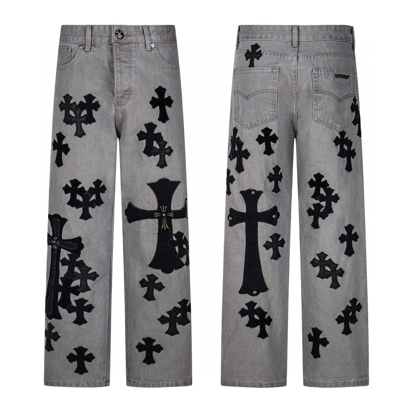 Grey washed denim with black cross patches
