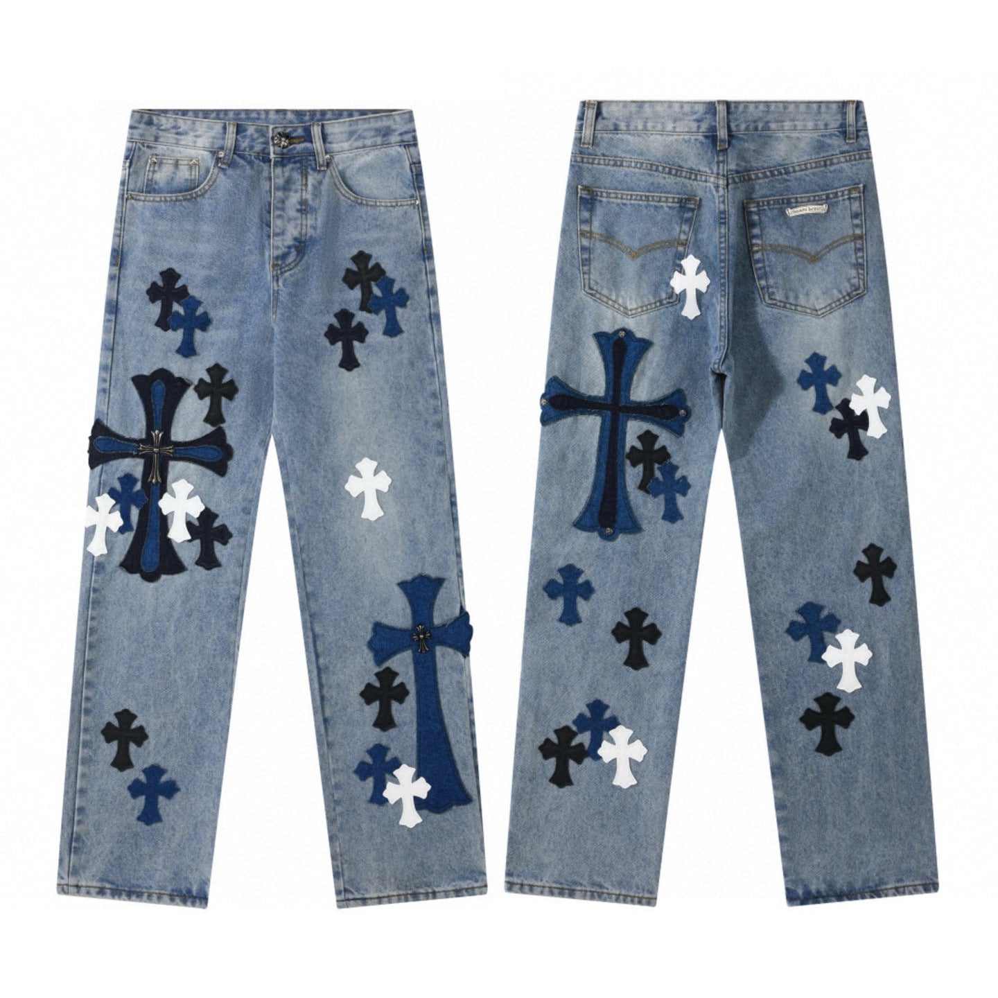Light wash denim with navy, black and white cross patches