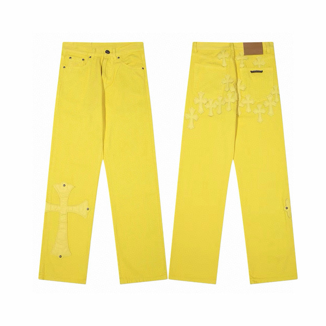 Yellow denim with tonal cross patches
