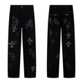 Black denim with black and brown leather cross patches