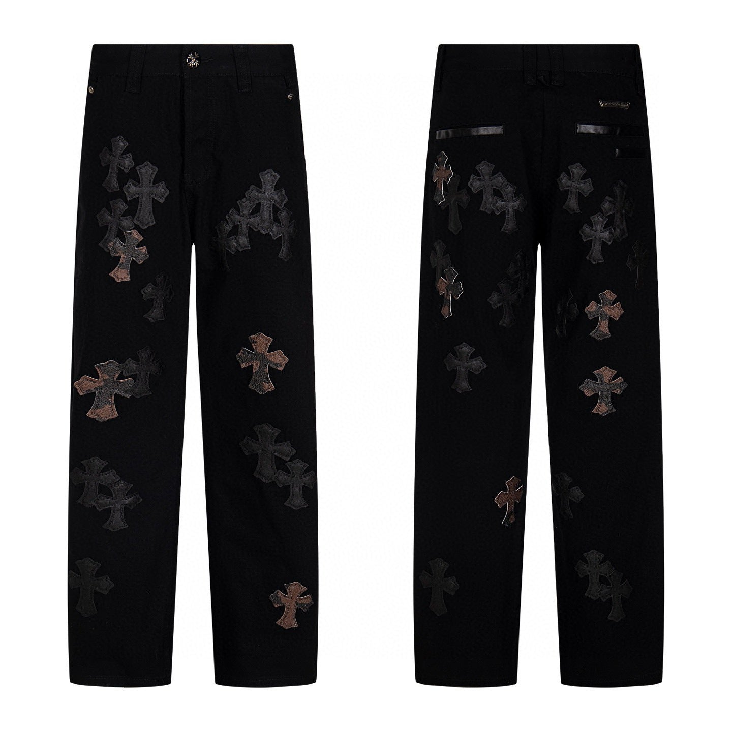 Black denim with black and brown leather cross patches