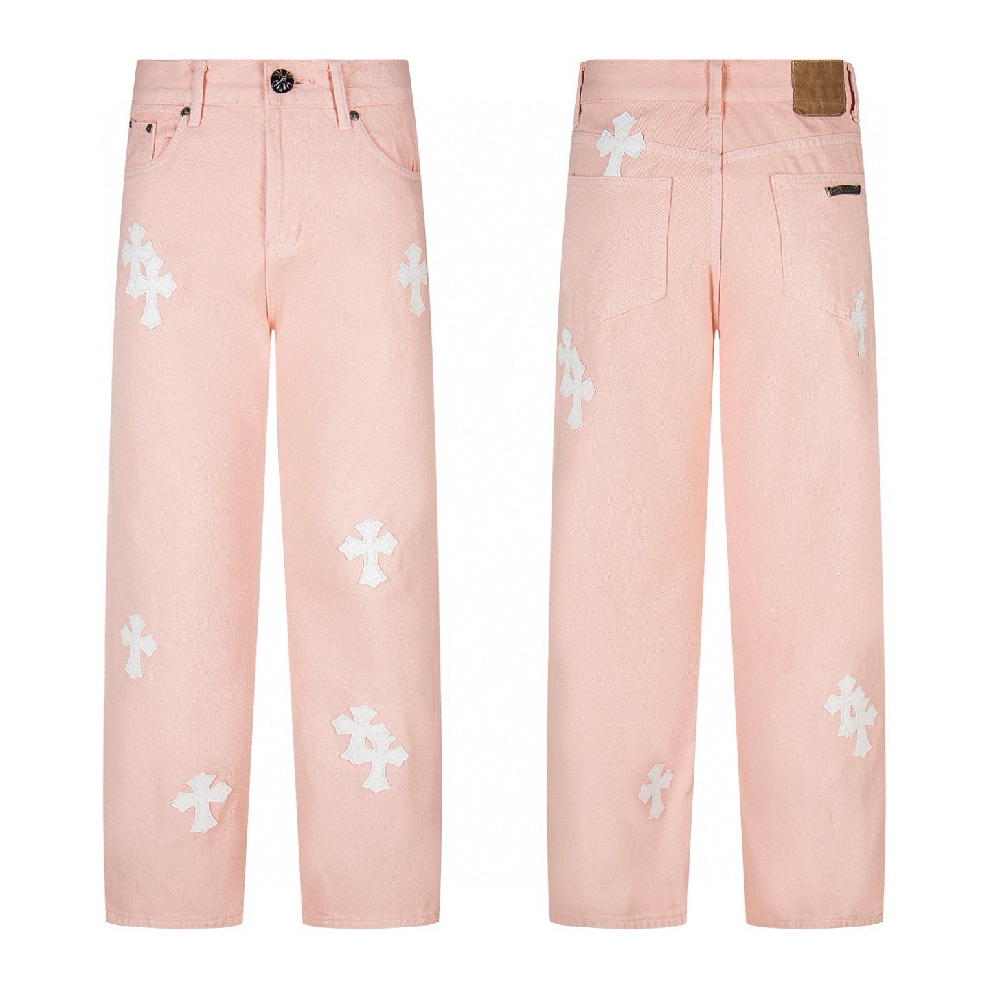 Light pink denim with white cross patches
