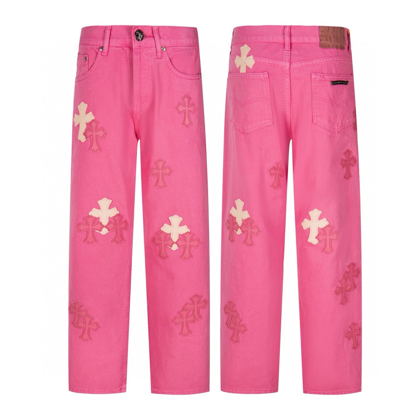 Hot pink denim with cream and tonal pink cross patches