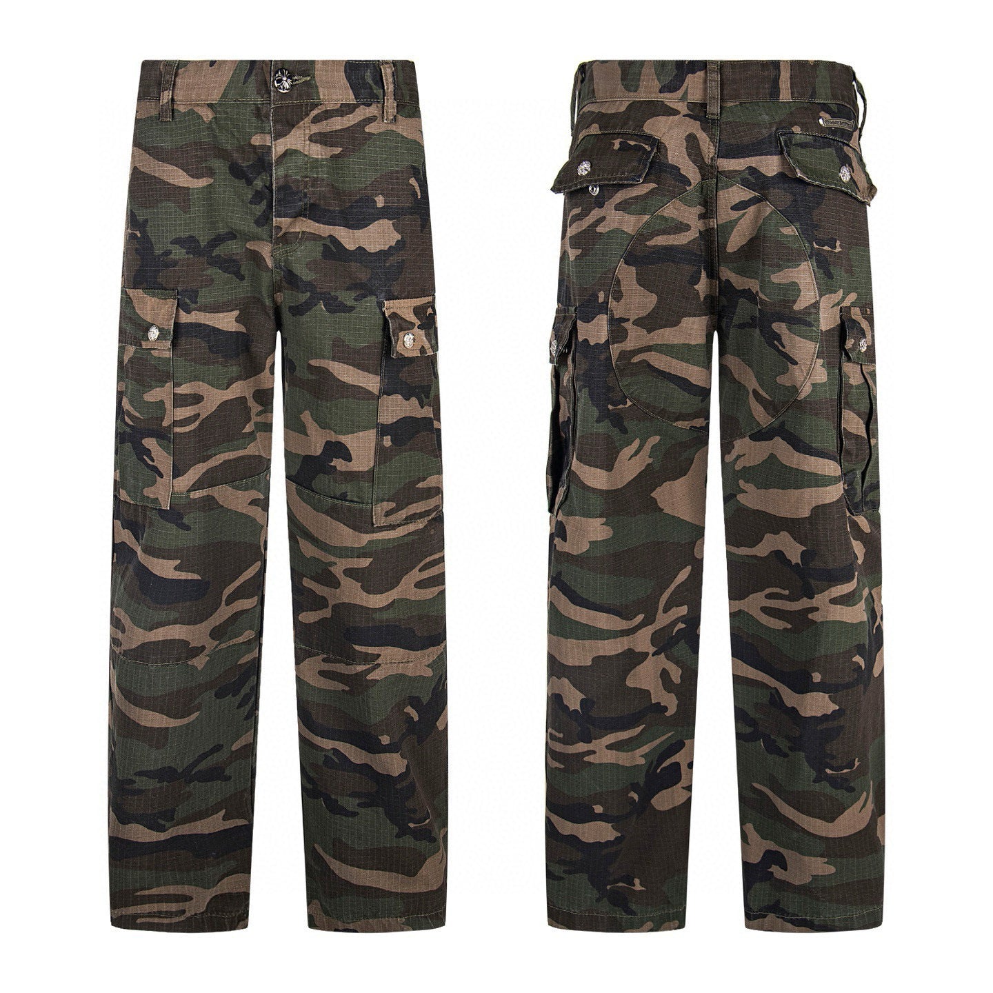 Woodland camo ripstop cargo pants front and back