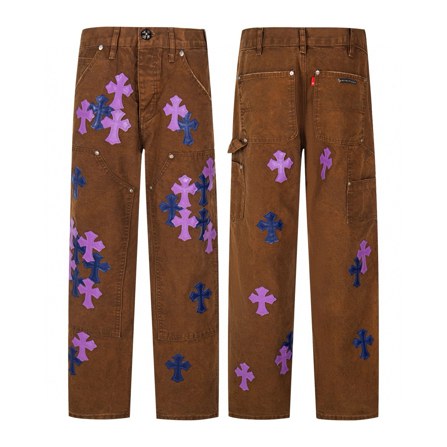 Brown carpenter pants with purple and navy cross patches