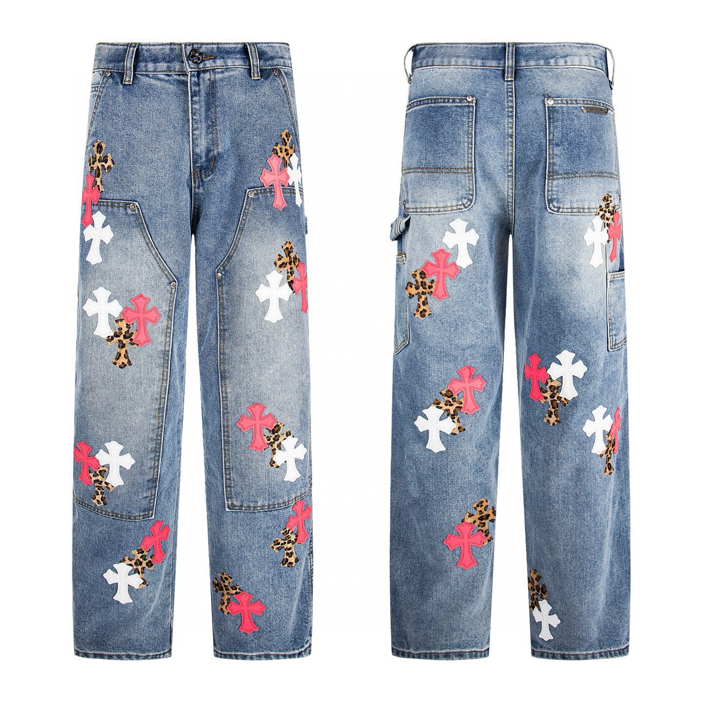 Blue denim carpenter pants with pink, white and leopard cross patches