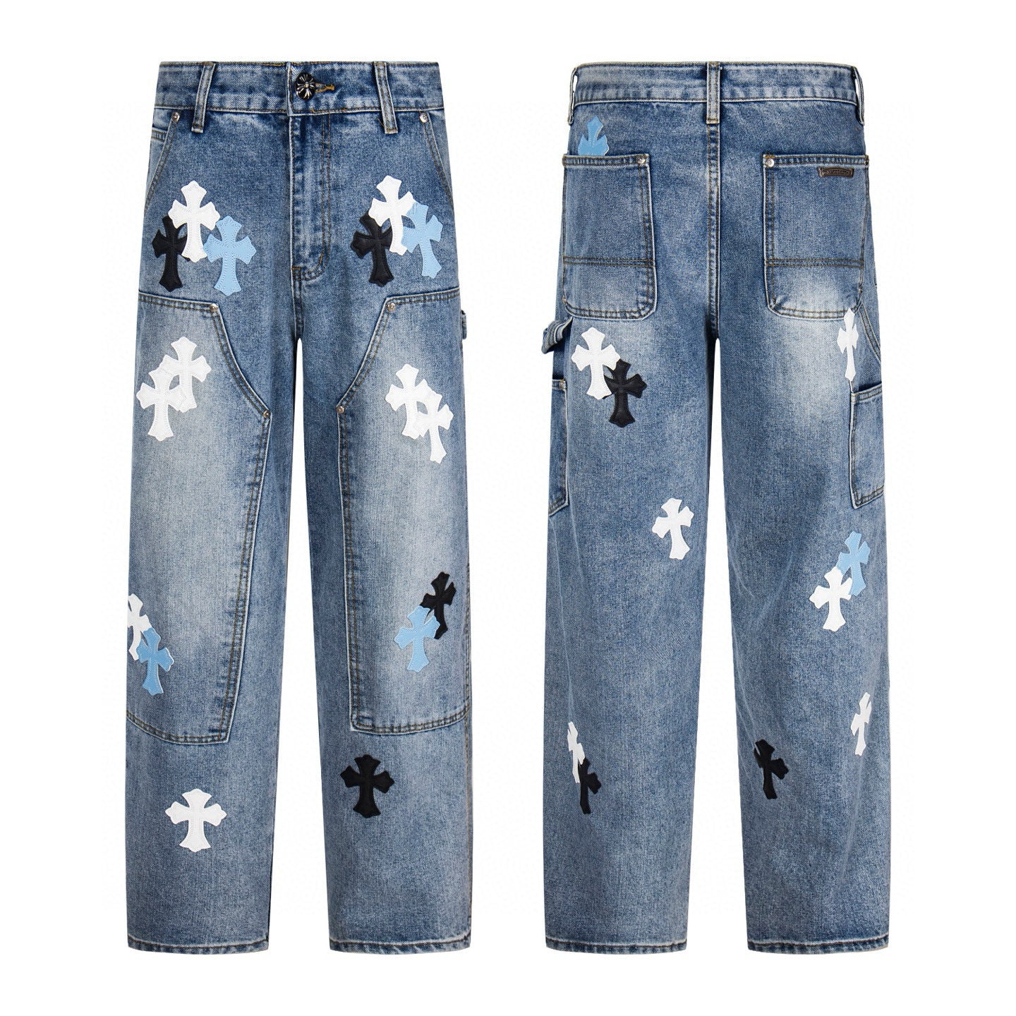 Blue denim carpenter pants with white, sky blue and black cross patches