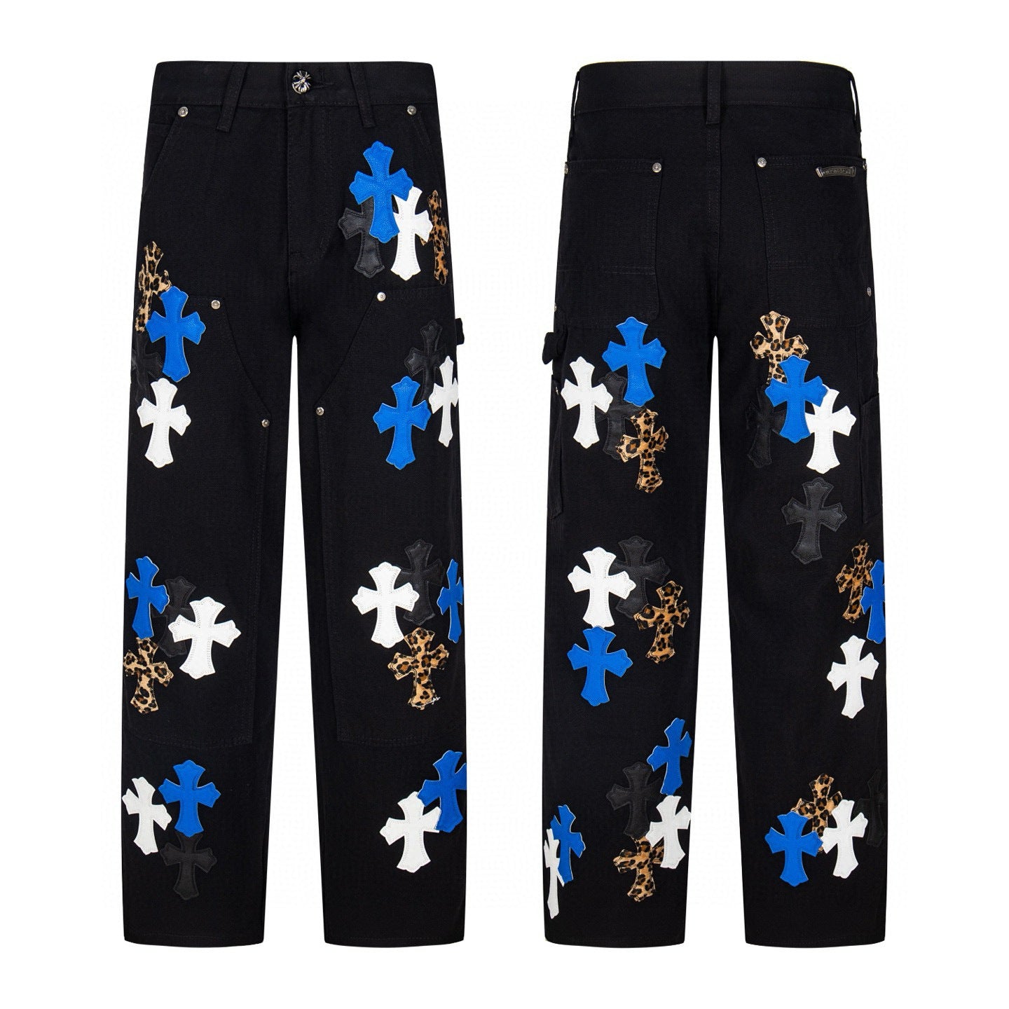 Black carpenter pants with blue, white and leopard cross patches