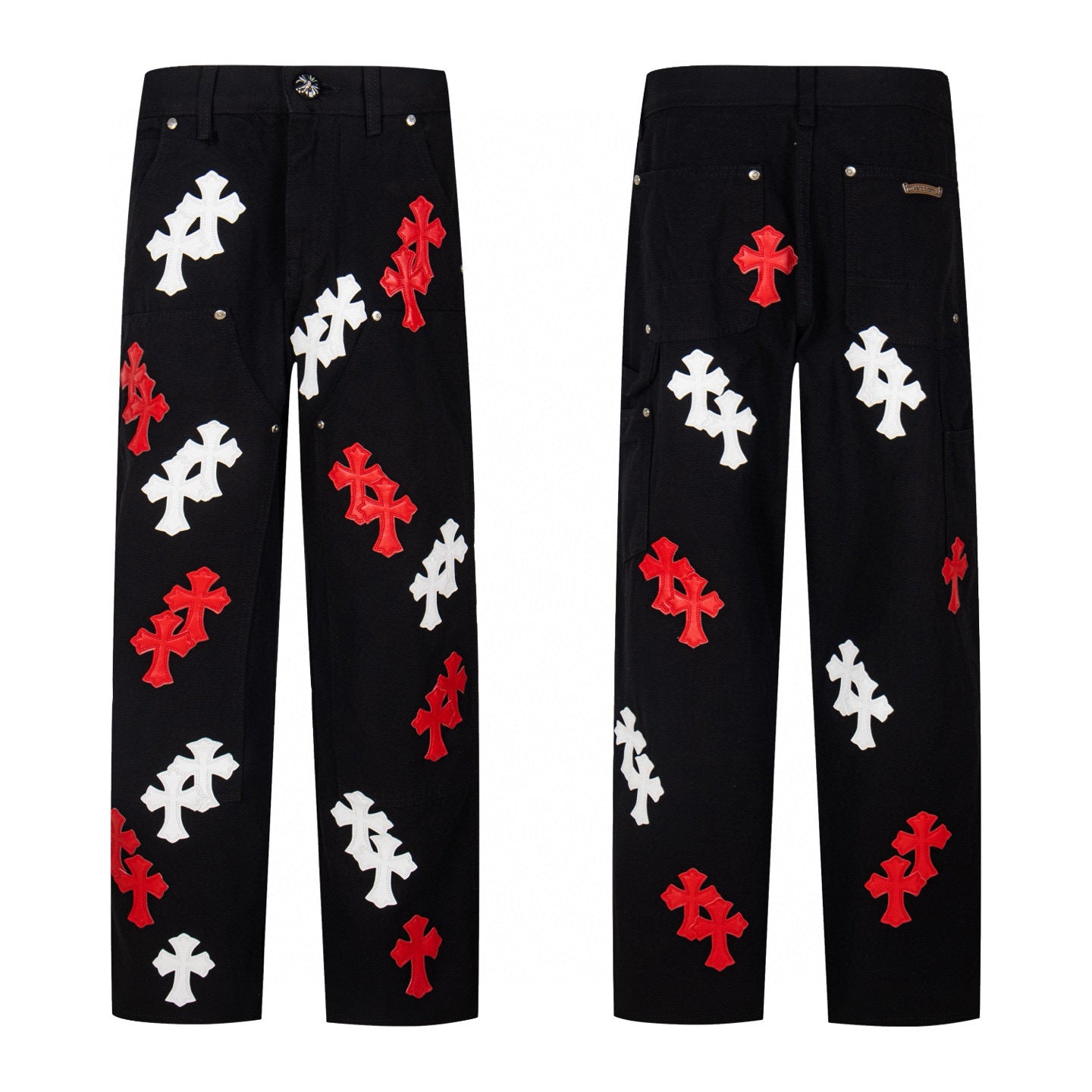 Black carpenter pants with red and white cross patches