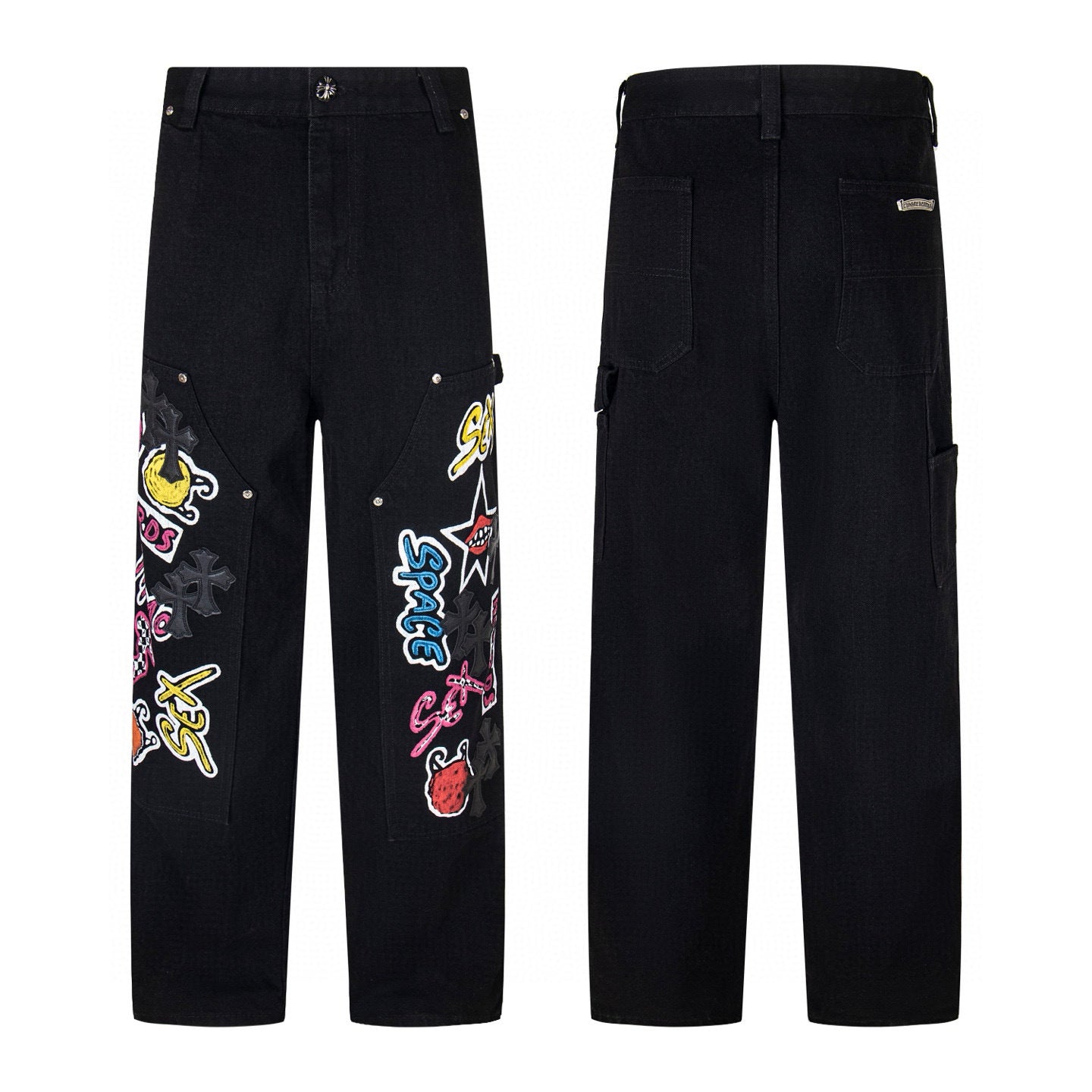 Black carpenter pants with multicolour sticker graphic patches