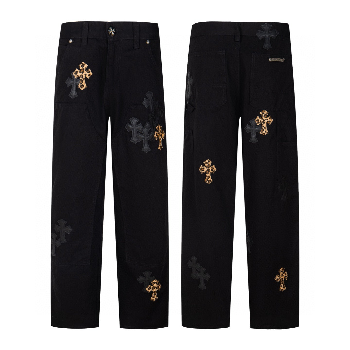 Black carpenter pants with black and leopard cross patches