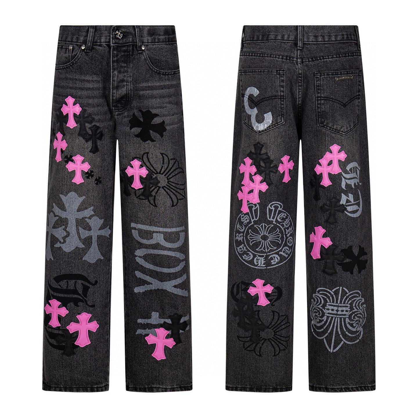 Charcoal washed denim with pink cross patches and printed graphics