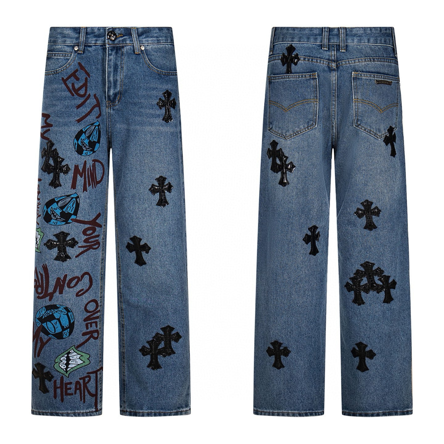 Blue denim with script artwork and black cross patches