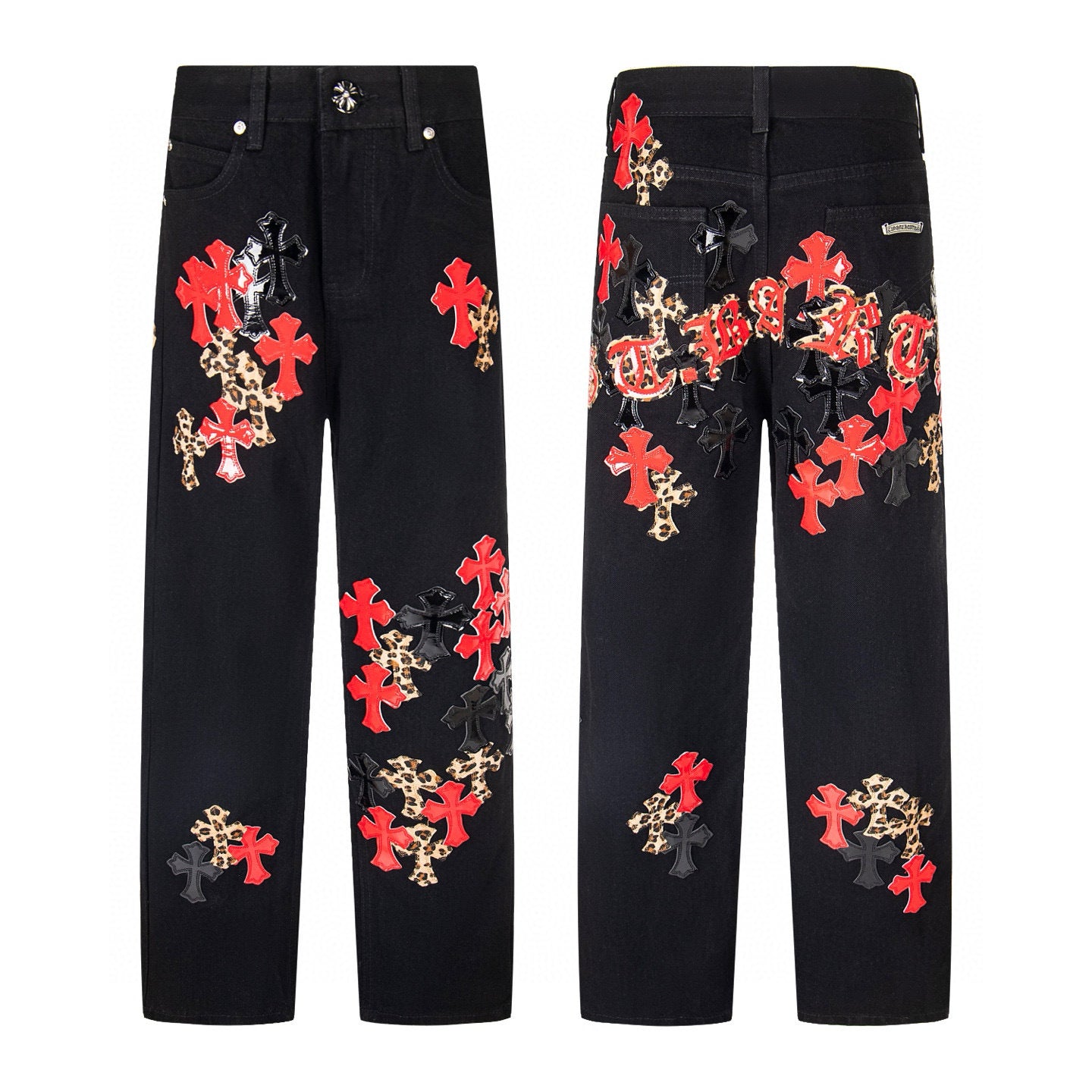 Black denim with red, black and leopard cross patches