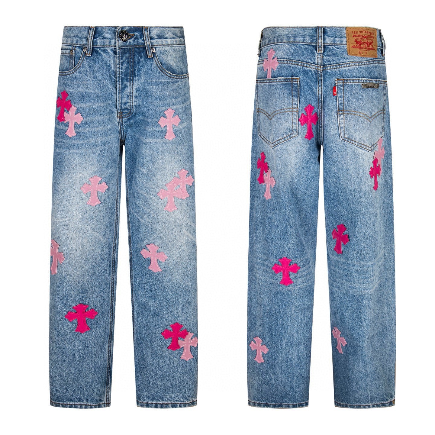 Light wash denim with pink and magenta cross patches