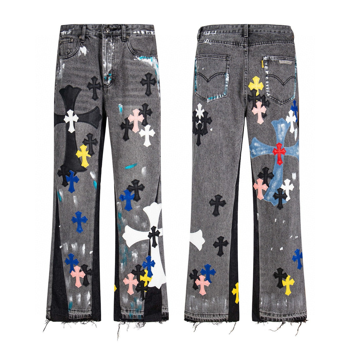 Grey paint splatter flare denim with multicolour cross patches
