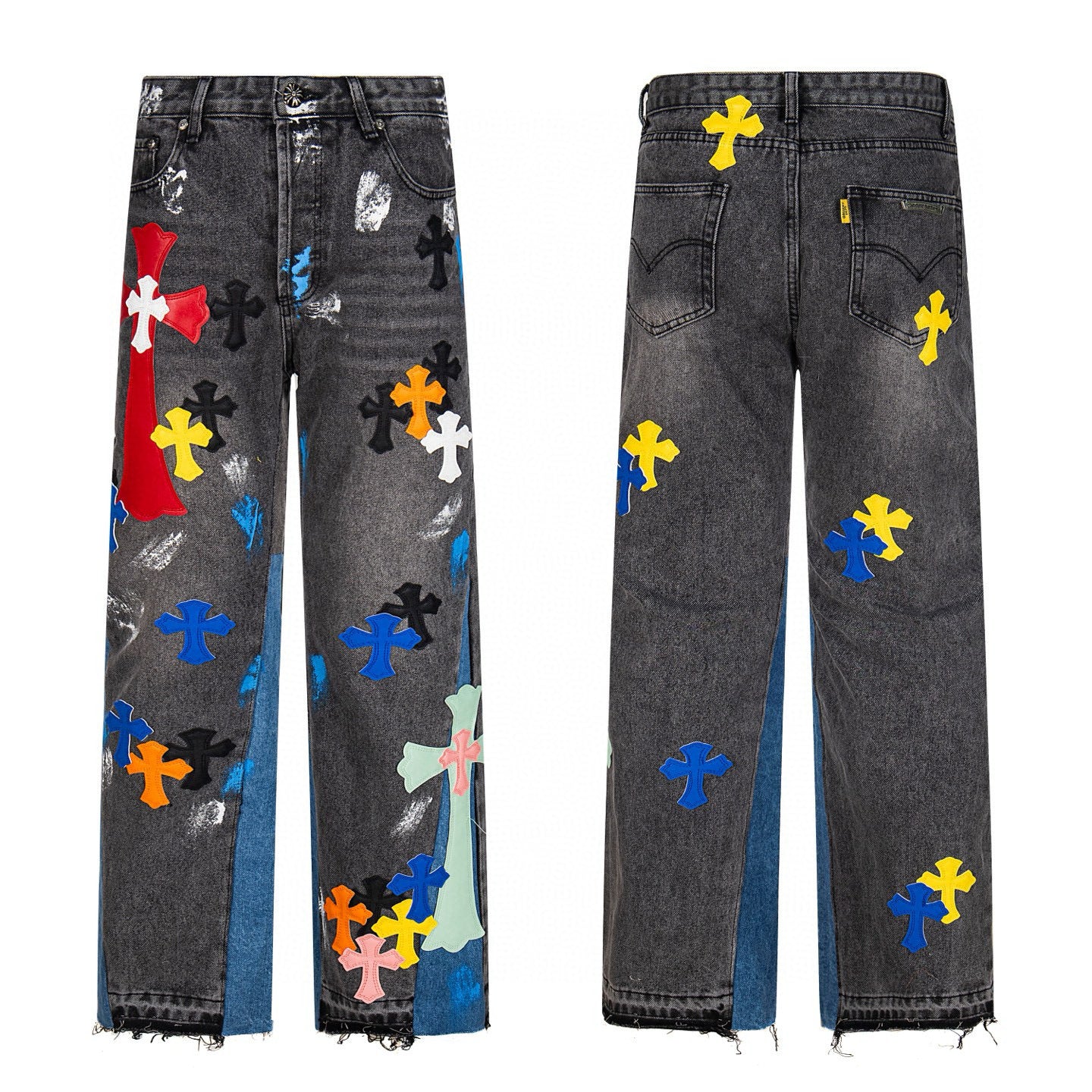 Charcoal flare denim with multicolour cross patches and blue panels
