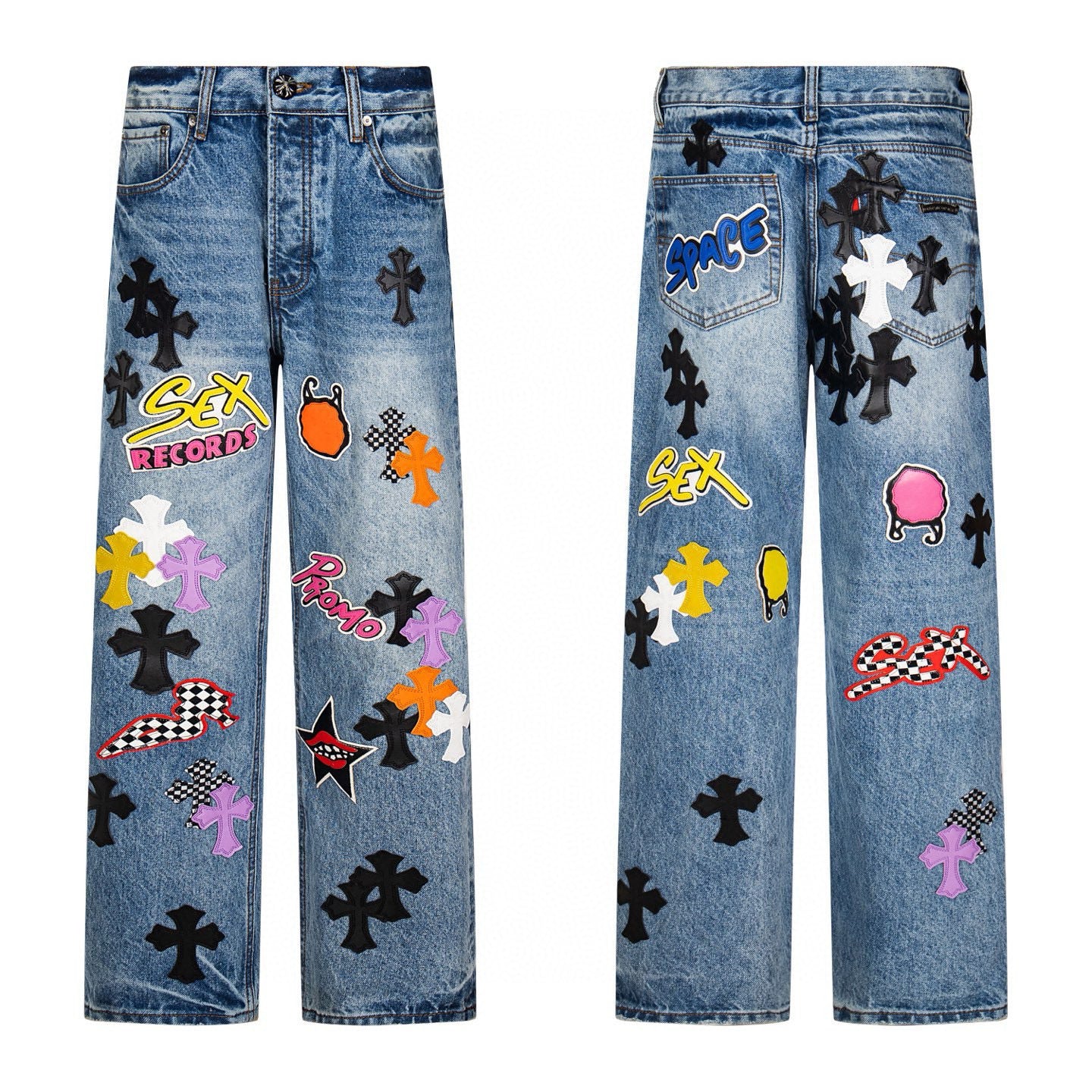 Blue denim with black cross patches and sticker graphic appliques
