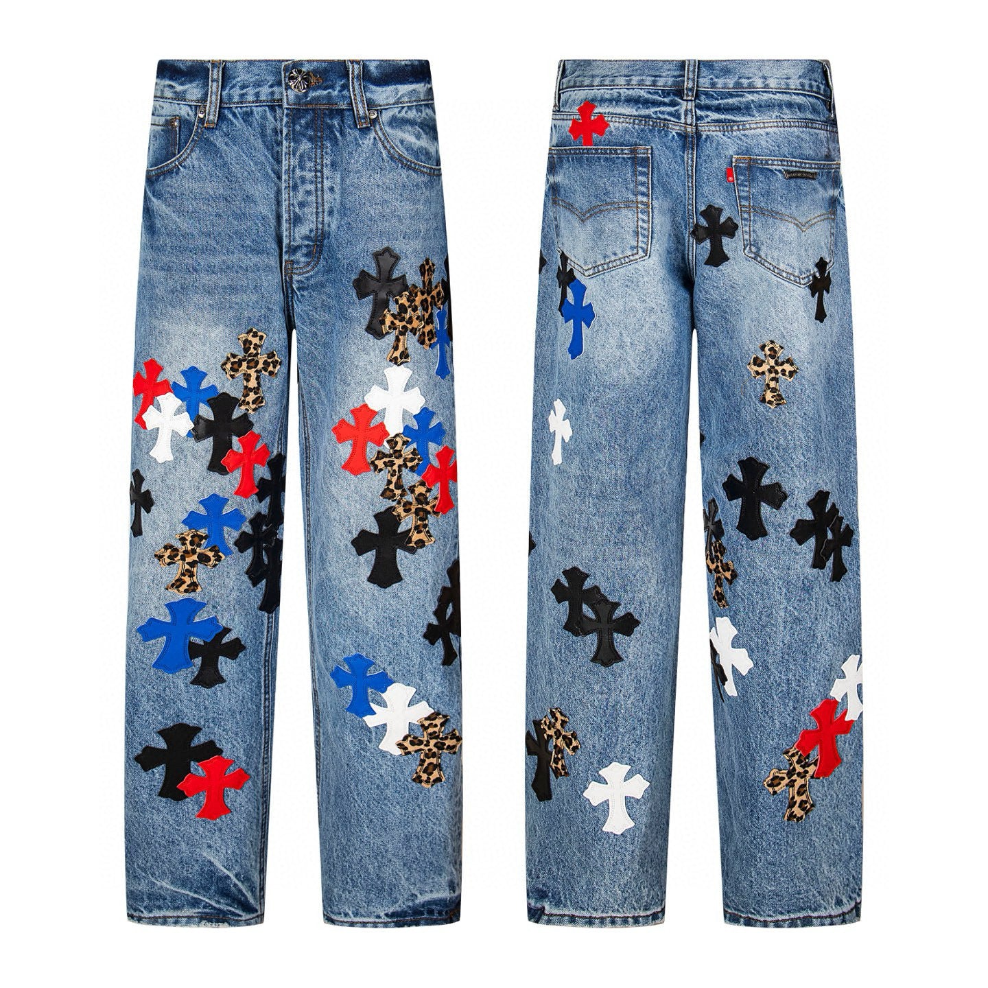 Multicolour cross patch jeans in mid blue