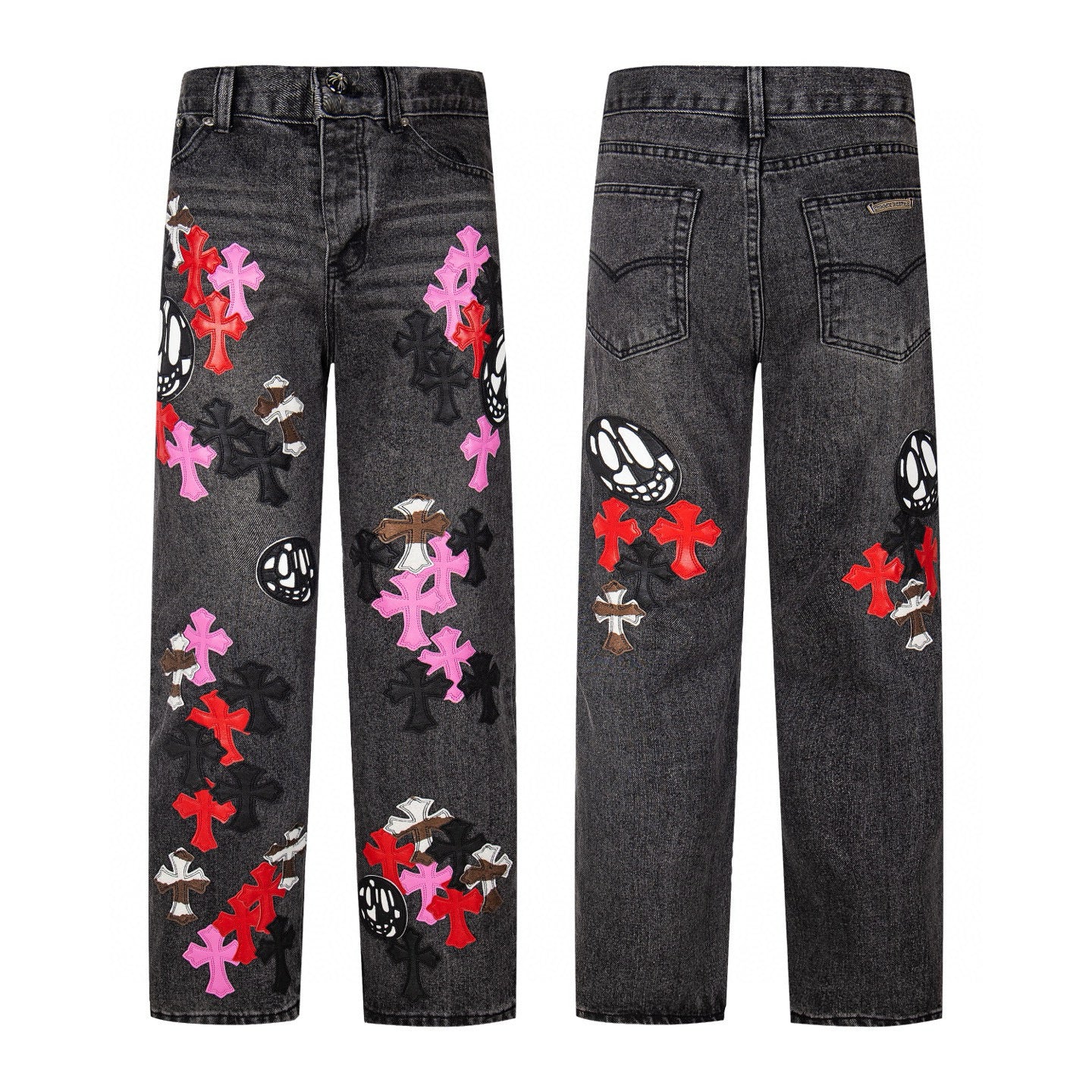 Pink cross and skull patch jeans in washed black