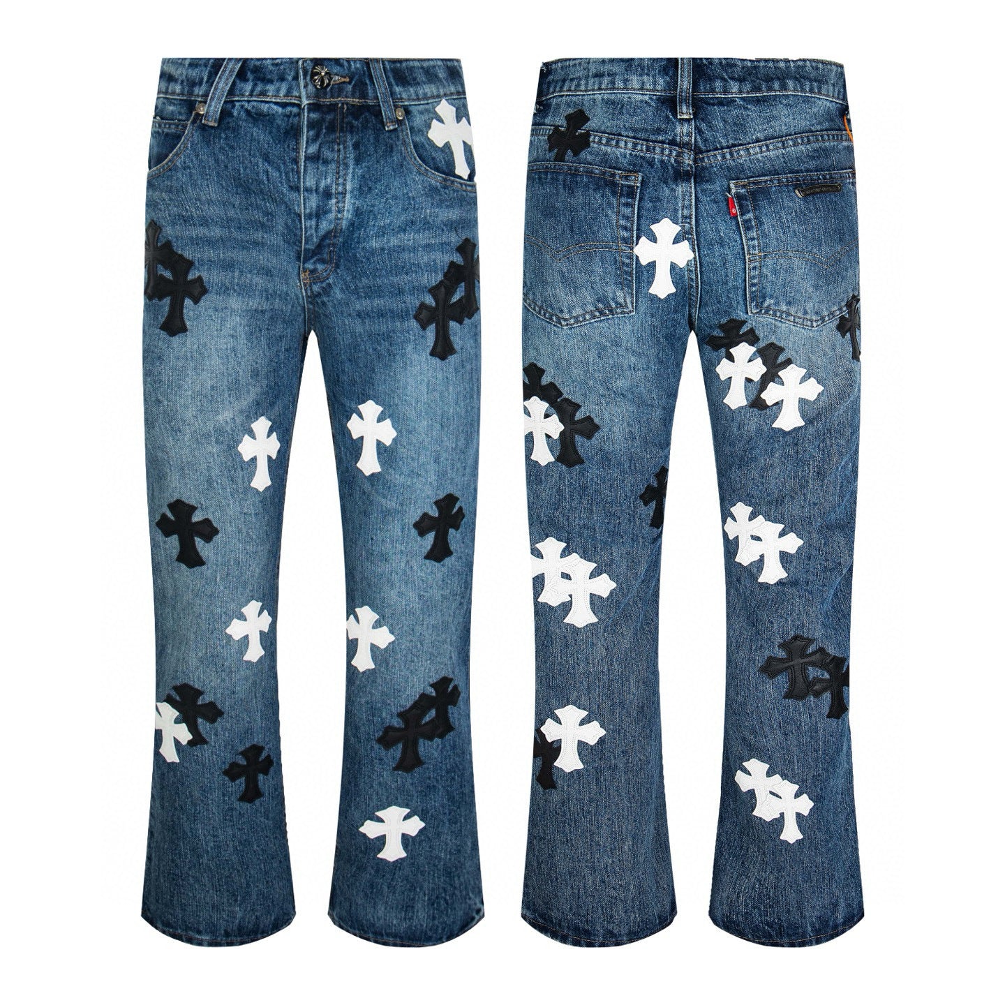 Black and white cross patch jeans in vintage blue