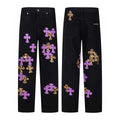 Purple and leopard cross patch jeans in black