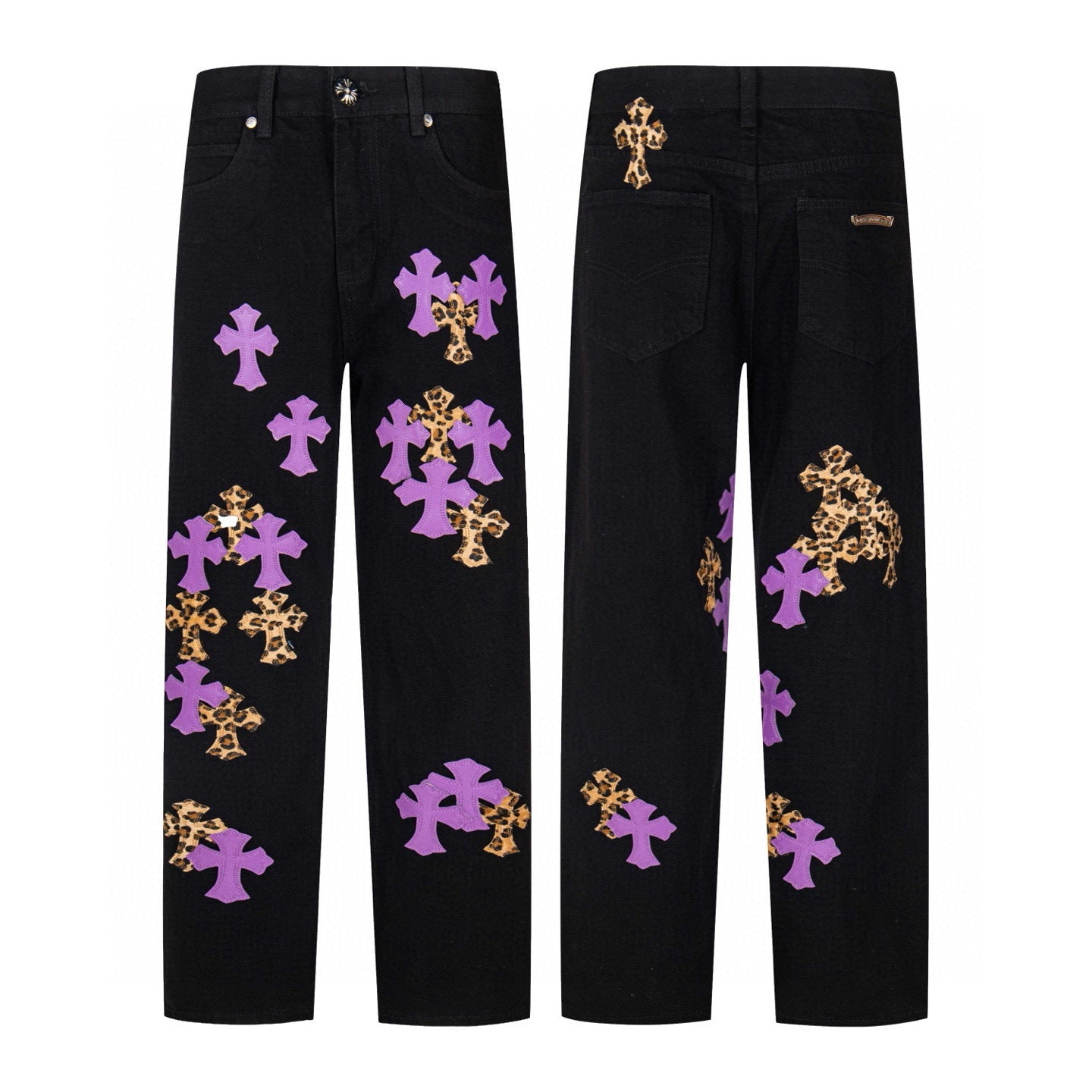 Purple and leopard cross patch jeans in black