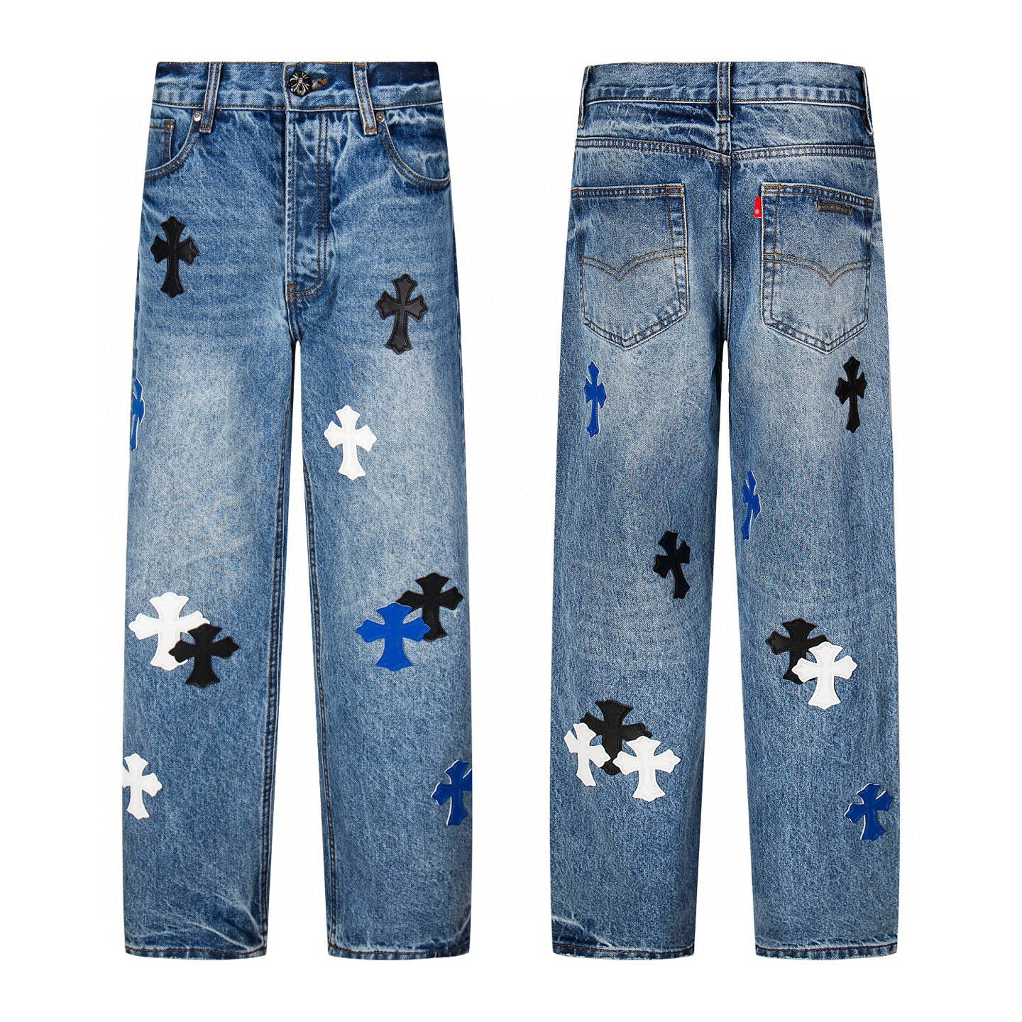 Blue and white cross patch jeans in mid wash